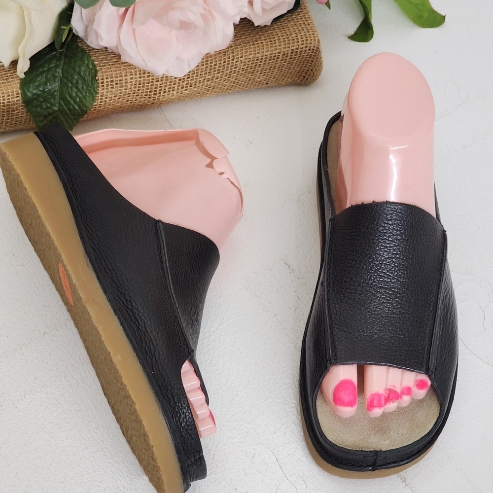 Black Leather Women's Slide Sandals - Picture 3 of 6